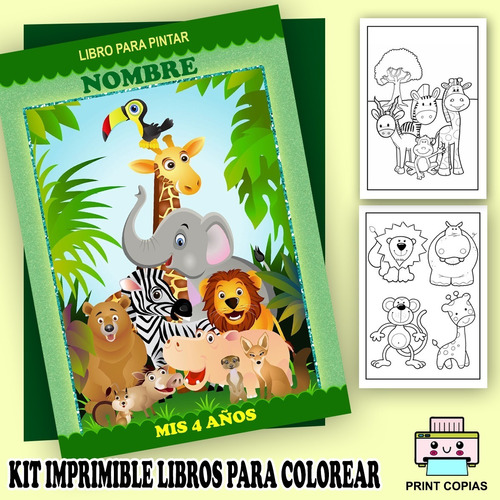 Kit Imprimible Librito  Pintar Y Per  Animalitos De La Selva