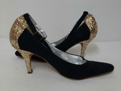 Zapatos Taco Alto Gamuza Negra Glitter Dorado Talle 40