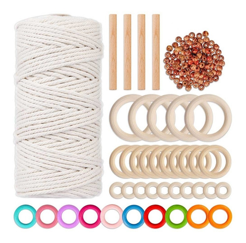 Kit Macramé 140 Accesorios Madera, 100 M Cordon Algodon 3 Mm