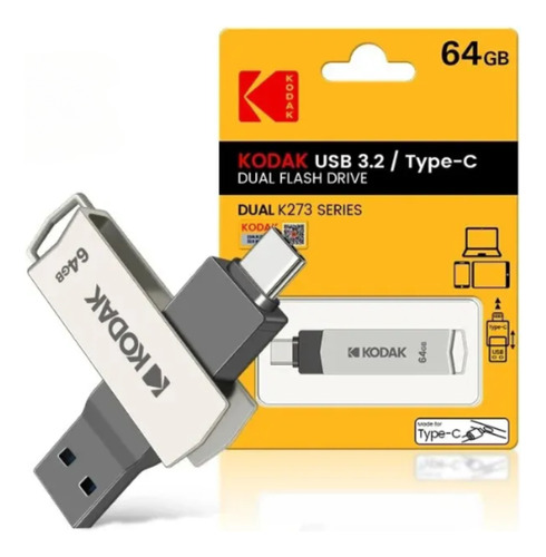 Pendrive Kodak Dual 64gb Type-a Type-c Usb 3.2 Aço Original