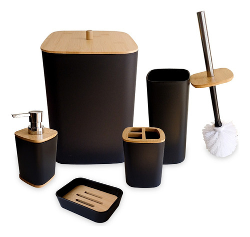 Set Baño Bambu Plastico X6 Cesto Dispenser Escobilla Negro