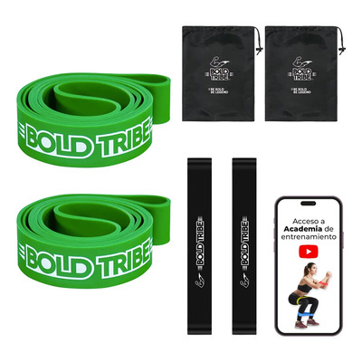 BOLD TRIBE Set de 2 Ligas de Resistencia Verde #4 - Bandas Elásticas para Cross Training, Calistenia y Ejercicio Funcional - Incluye Bolsa de Transporte, Mini Loop Bands y Guía de Entrenamiento | Envío gratis