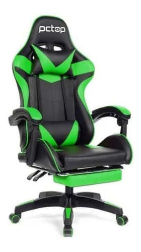 Cadeira De Escritório Pctop Racer 1006 Gamer Ergonômica  Preto E Verde Com Estofado De Couro Sintético