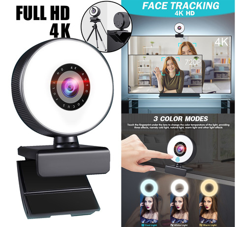 Full Hd 4k Webcam Microfone Foco Automático Preencher Luz Be