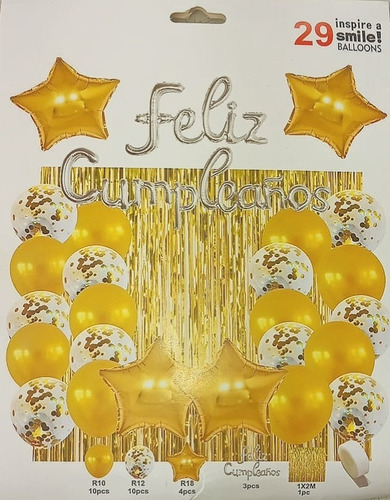 Set Kit Combo Globos Feliz Cumpleaños Cortinas Cotillon