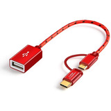 Cable Usb Hembra A Micro Usb + Adaptador Usb C Rojo 18 Cm