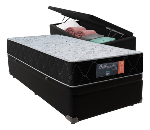 Cama + Box Baú Solteiro Preta Orthopedic Frete Grátis 88x188