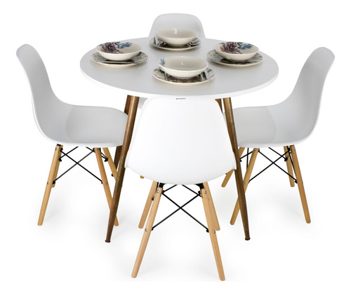 Conjunto Mesa Redonda 90cm Madeira + 4 Cadeiras Eiffel Wood