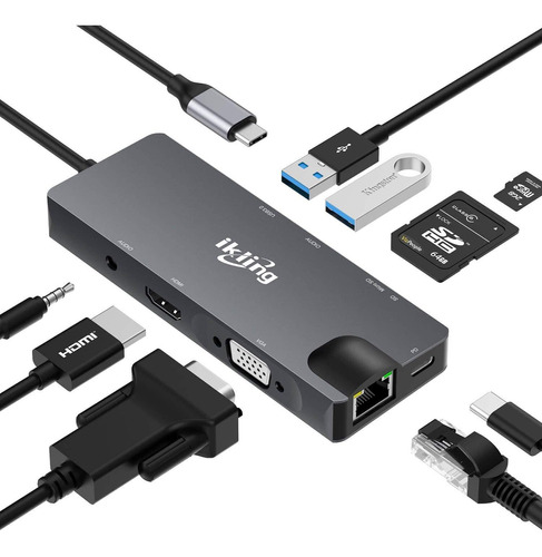 Hub Usb C, Adaptador Usb C 9 En 1 Con 4k Usb C A Hdmi, Vga..