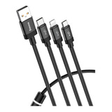 Cable 3 En 1 Usb A iPhone Tipo C Micro 1.2 Mts Datos Y Carga Color Negro