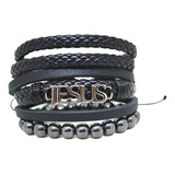 Pulseira Masculina Jesus Gospel Pedra Hematita Kit 3 Combo