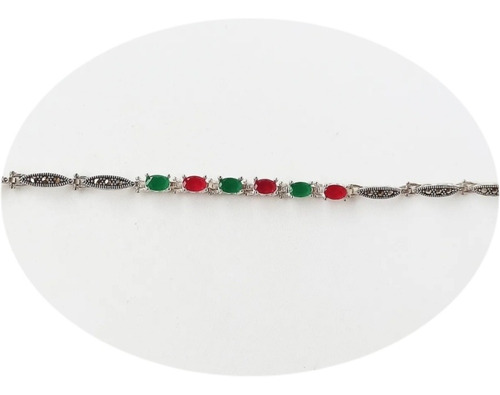 Pulsera Con Piedras Naturales!! Verdes Y Rojas De Plata 925!