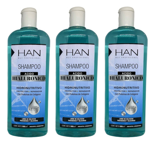 Shampoo Han Ácido Hialurónico 3 Unid. Hidronutritivo 500ml