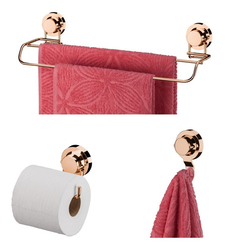 Kit Porta Toalha Papel Higiênico Gancho Ventosa Rose Gold