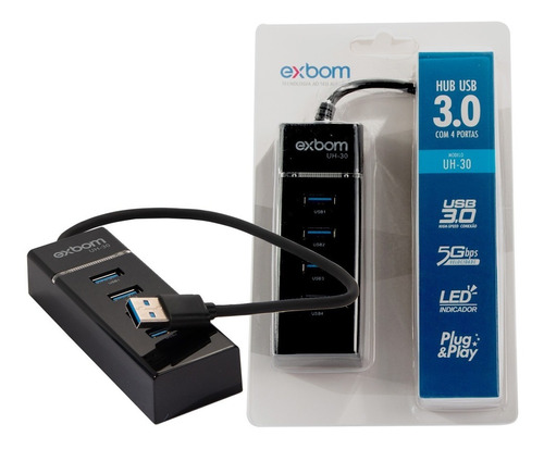 Hub Usb 3.0 4 Portas Uh-30 Preto Exbom 5 Gbps Led Envio 24h