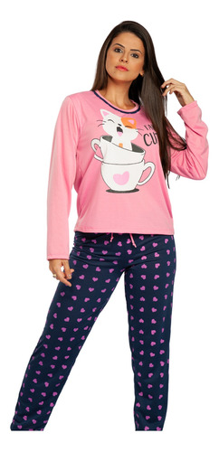 Pijama Longo Feminino Inverno Conjunto Para Frio Gatinho