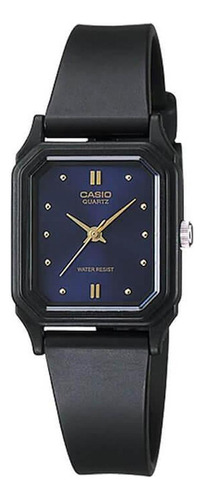 Reloj Casio Modelo Lq-142-e2a Economico Resina Wr Color De La Correa Negro Color Del Fondo Dorado