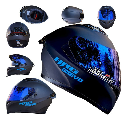 Casco Moto Hro 514 Evo Negro Azul Solid + Lentes Certificado