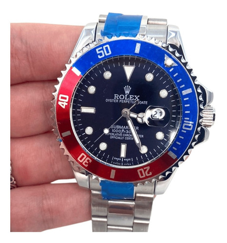 Relógio Rolex Submariner Prata Com Preto Misto Bisel Azul E 