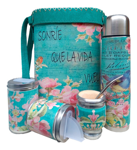 Set Matero Eco Cuero Frase Flores Pajaros Termo De 1 Litro 