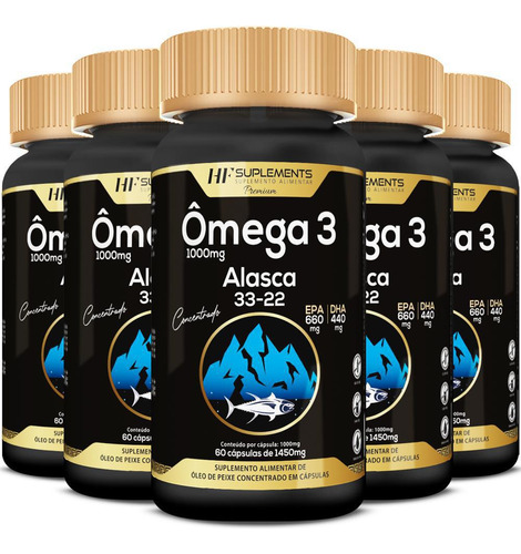 Kit 5x Omega 3 Importado Alasca 33/22 1450mg Hf Suplements