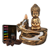 Incensário Cascata Backflow Zen Meditação + 10 Incensos Cor Ouro Velho Pedra Buda Menino Zen 2