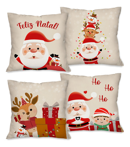 Kit Com 4 Capas Para Almofadas Natalinas Noel Boneco De Neve