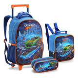 Kit Mochila Infantil Rodinhas Escolar Menino Corrida Carros