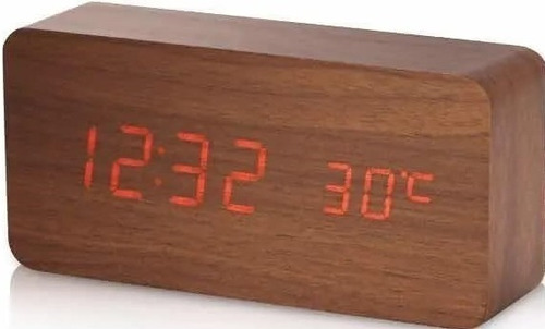 Reloj Digital Despertador Rectangular Grande De Madera Led