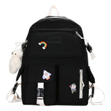 Mochila Impermeable Kawaii Coreana Negra De 17 Pulgadas