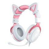 Audífono Gamer Onikuma X10 Blanco/rosa Con Orejas De Gato