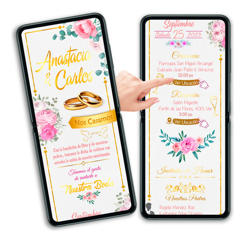 Invitación Interactiva Boda Floral Rosa Oro Boton Confirmar