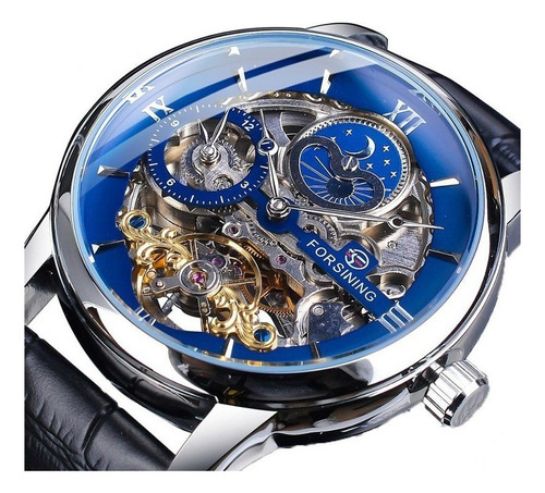 Reloj Mecánico Tourbillon Con Fase Lunar Fondo Azul