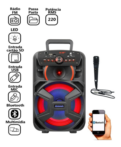 Caixa Som Led Tws Bluetooth Amplificada 220w - Amvox Aca221