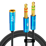 Cable Divisor Adaptador Jack 3.5mm 2 Machos A 1 Hembra Largo Color Azul
