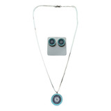 Kit Colar E Brinco Feminino Olho Grego Cravejado Prata 925 Cor Zircônia Azul Claro - Turmalina