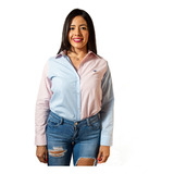 Camisa Mujer Casual Mini Cuadros Azul, Rosas Moon Rain