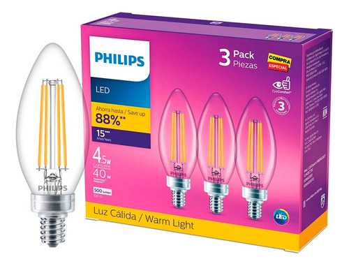 Foco Vela Led Philips Base E12 Luz Calidad (3pz) 