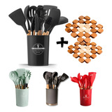 Kit Utensílios Cozinha Silicone Cabo Madeira+brinde Presente