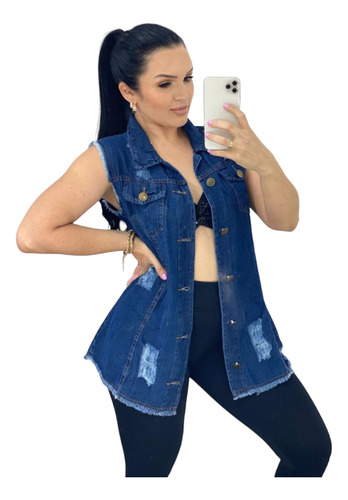 Maxi Colete Feminino Jeans Tendência Moda Blogueira 2020