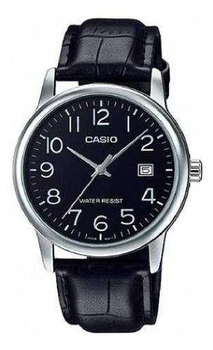 Reloj Casio Mtp-v002 Piel Negro Acero Inox Elegante 