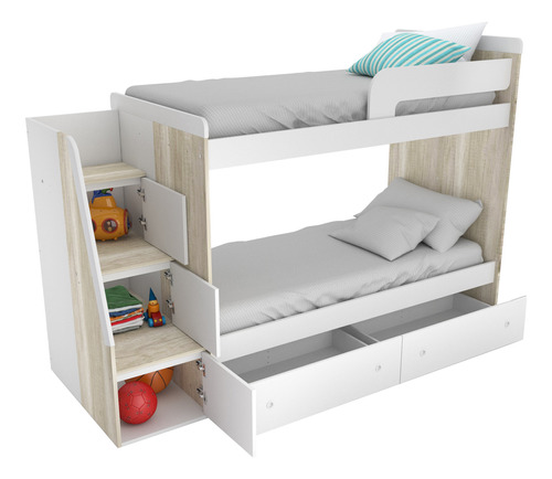 Cama Cucheta Con Escalera Lateral Y Cajones 1 1/2 Plaza 90cm