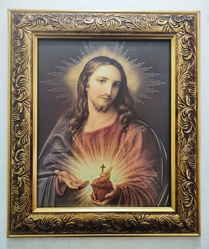 Sagrado Corazón De Jesús Op 2 En Marco Dorado A 30 X 25 Cms