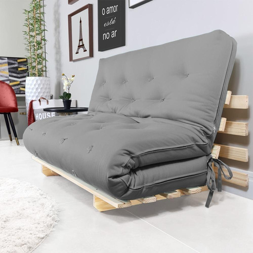 Sofa Cama Casal Futon Oriental Cinza Com Madeira Maciça