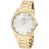 Relogio Feminino Dourado Mostrador Prata Kit Ref Cn25663w