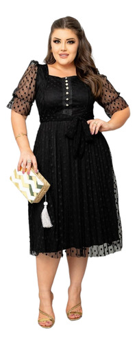 Vestido Feminino Plus Size Plissado Tule  Midi Thalita