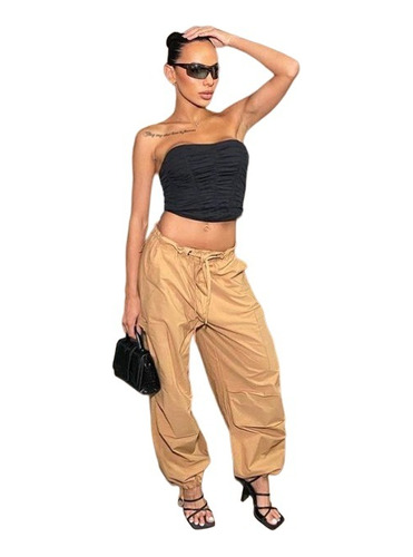 Pantalon Cargo De Tela Para Mujer Con Ajuste En Tobillos