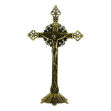 Crucifixo Católico De Mesa Dourado Antigo Metal 32 Cm Cor Dourado-escuro