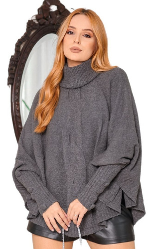 Blusa Poncho Tricot Mousse Trança E Gola Alta