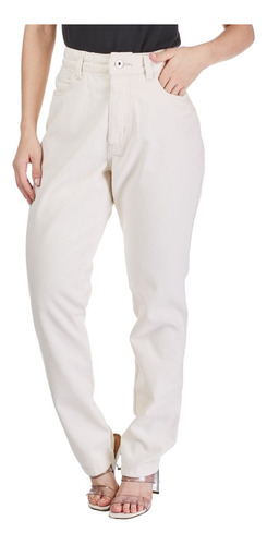Calça Jeans Reta Off White Básica Mom Cintura Alta Premium